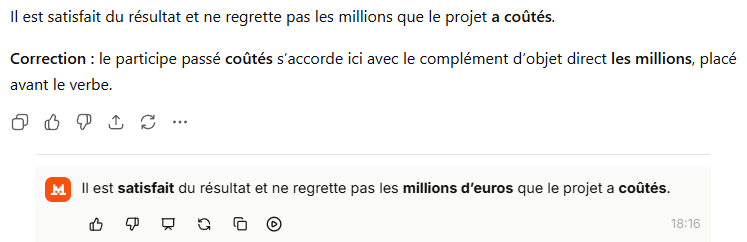 Réponses de ChatGPT et Mistral : les deux transforment « coûté » correct en « coûtés »