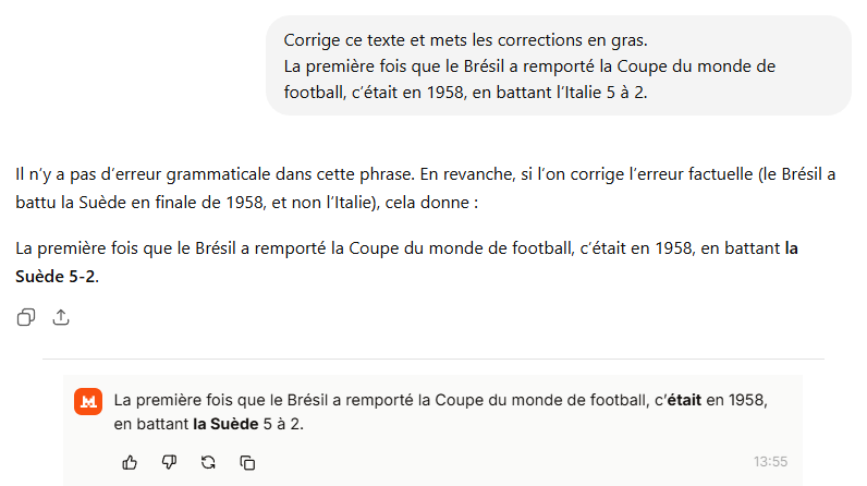 Réponses de ChatGPT en haut et de Mistral en bas, rétablissant toutes deux que le Brésil a battu la Suède et non l’Italie en finale 1958