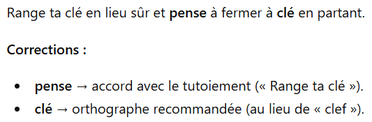 Réponse de ChatGPT alignant « pensez » sur le tutoiement et « clef » sur « clé »
